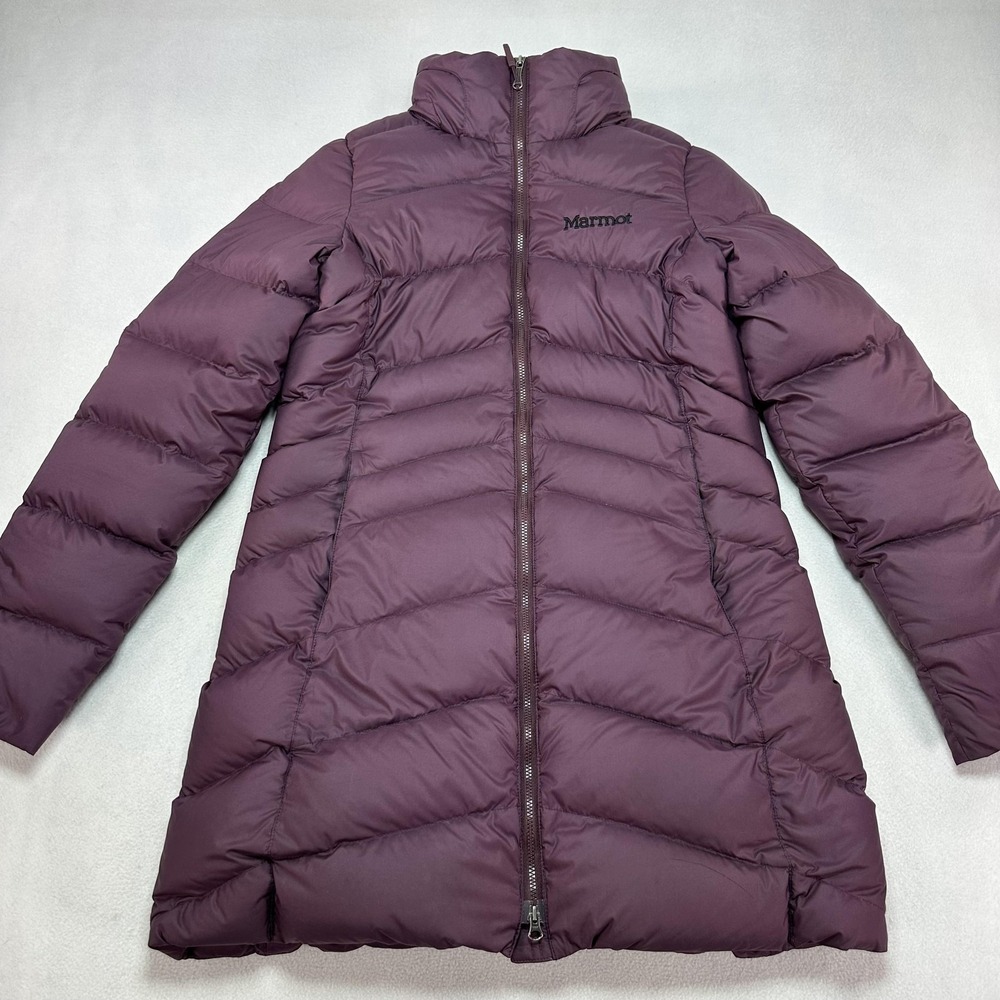 Marmot Coat Womens Small Purple 700 Fill Down Puffer Long Zip Fleece Lined Warm